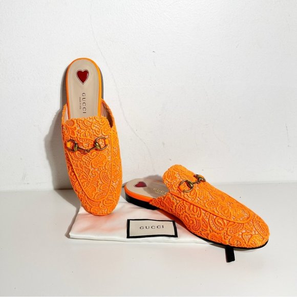 Gucci Shoes - New Gucci Princetown Lace Floral motif Mules Neon Orange size 36